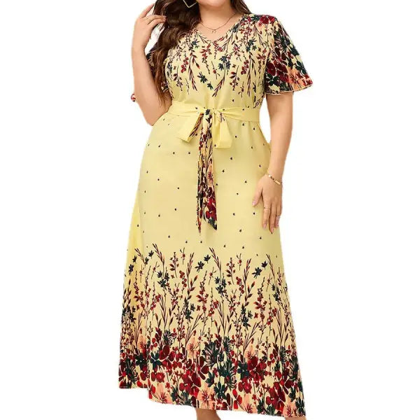 Beautiful V Neck Floral Dress featuring a yellow floral print and bilateral V neck design