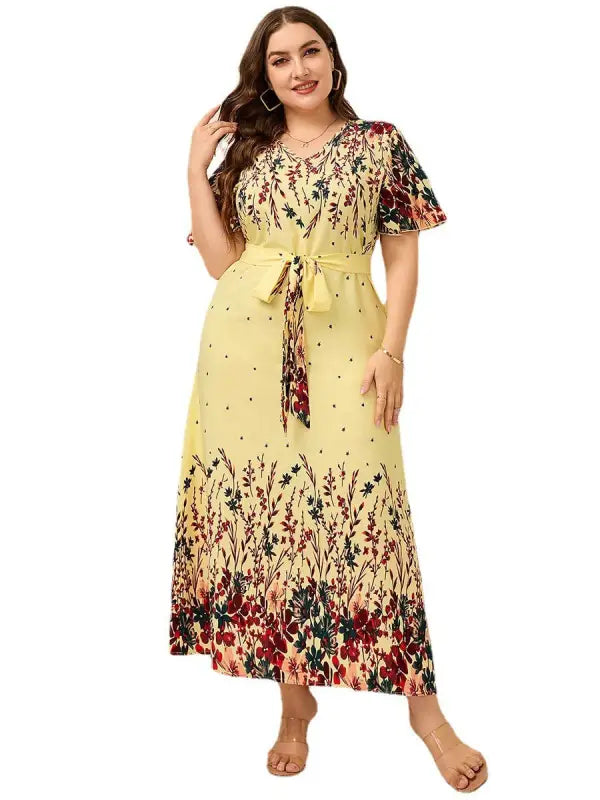 Beautiful V Neck Floral Dress featuring a yellow floral print and bilateral V neck design