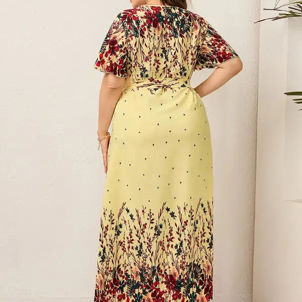 Floral-patterned yellow maxi dress with bilateral V neck available for free shipping