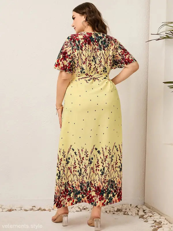 Floral-patterned yellow maxi dress with bilateral V neck available for free shipping