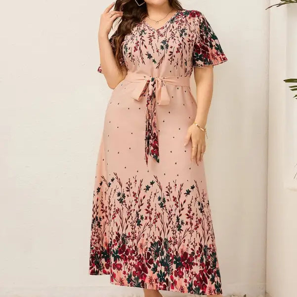 Floral print plus-size maxi dress featuring a stylish bilateral V neck available with free shipping
