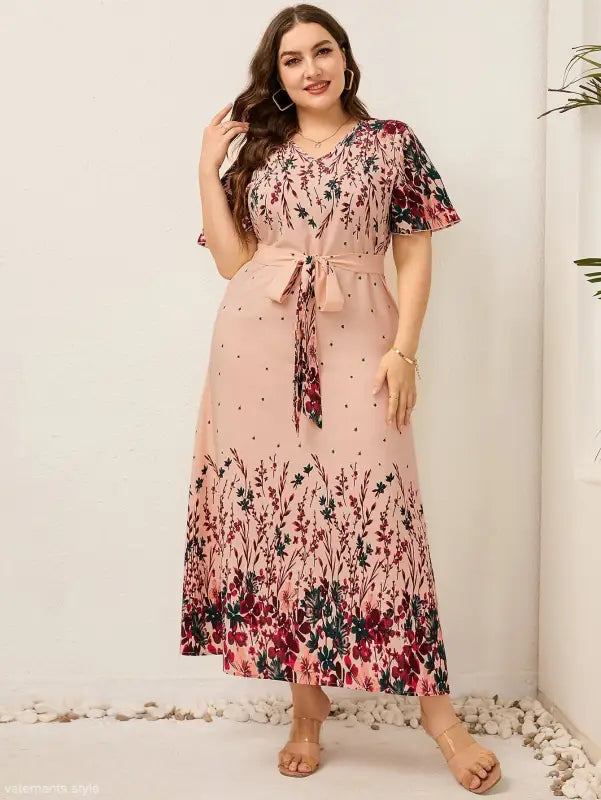 Floral print plus-size maxi dress featuring a stylish bilateral V neck available with free shipping