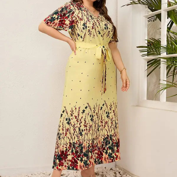 Beautiful V Neck Floral Dress featuring a yellow floral print and offering free shipping