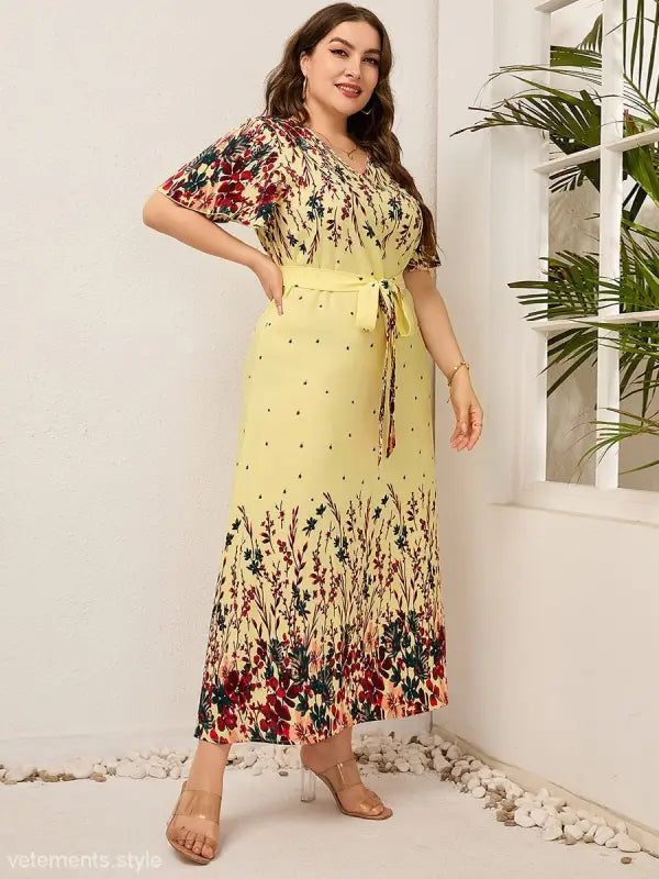 Beautiful V Neck Floral Dress featuring a yellow floral print and offering free shipping
