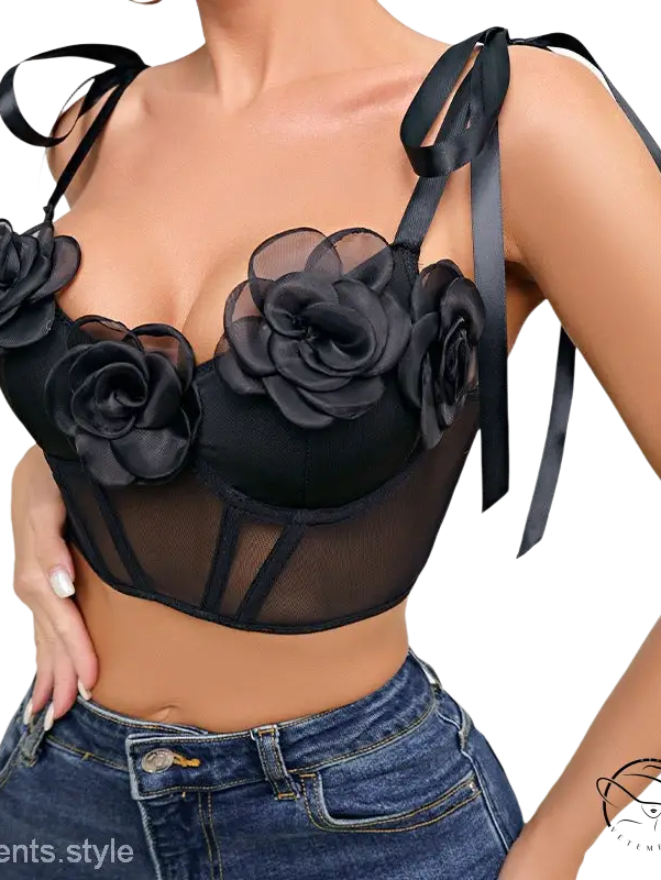 Black rose sexy corset floral mesh top with steel ring boning