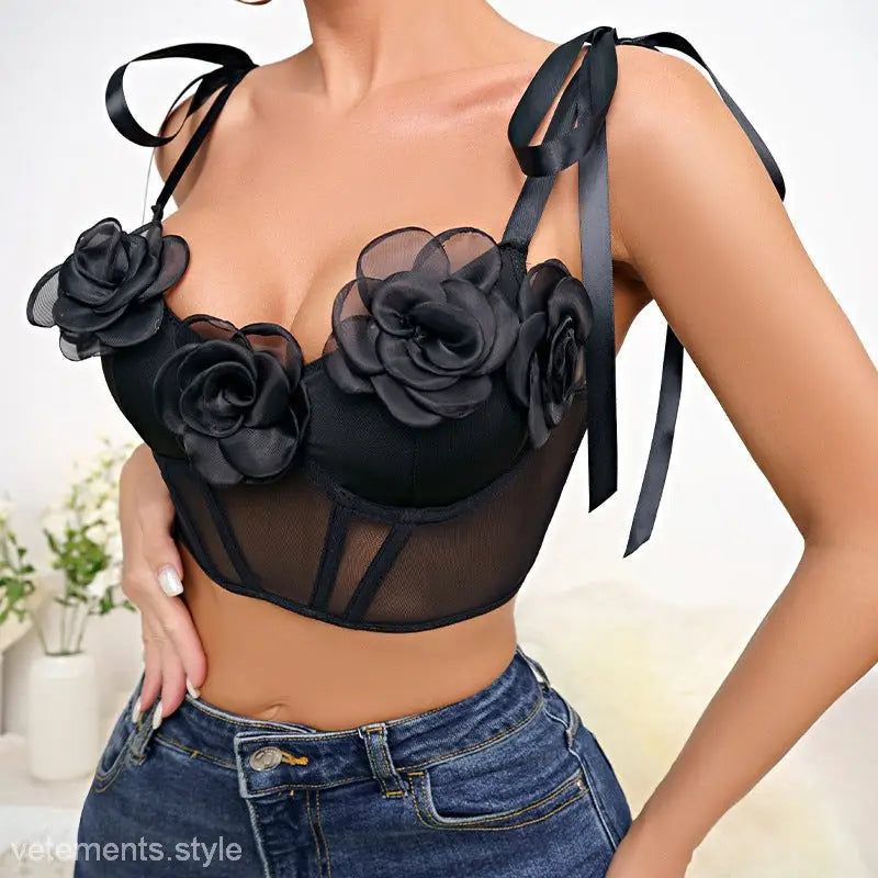 Black Rose Corset Floral Mesh Top with Steel Ring Boning for a sexy look