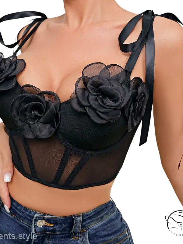 Black rose sexy corset floral mesh top with steel ring boning