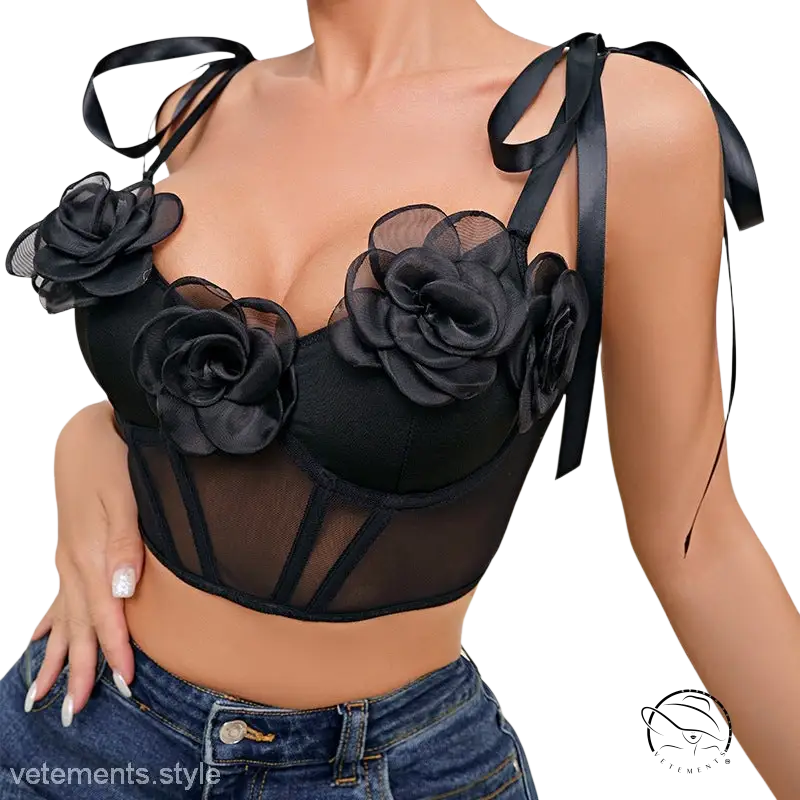 Black rose sexy corset floral mesh top with steel ring boning