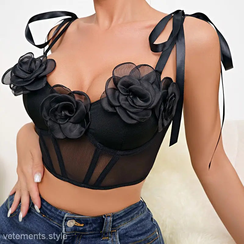 Black Rose Corset Floral Mesh top featuring steel ring boning and elegant floral embellishments
