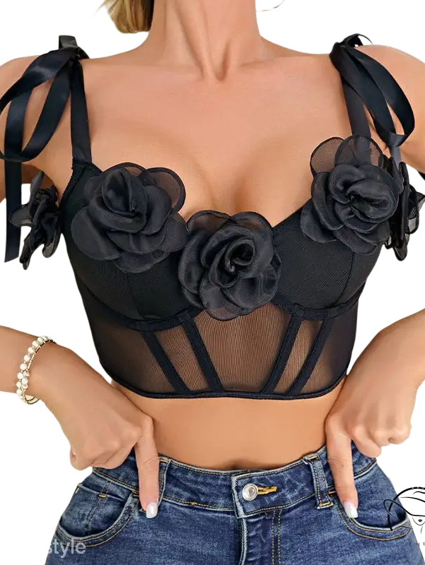 Black rose sexy corset floral mesh top with steel ring boning