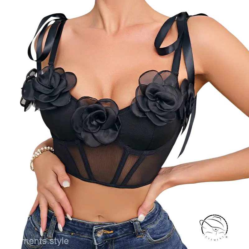 Black rose sexy corset floral mesh top with steel ring boning