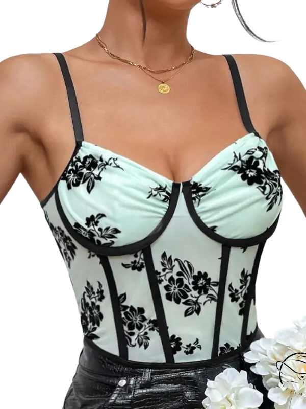 Light green boning corset with black roses floral embroidery and trim