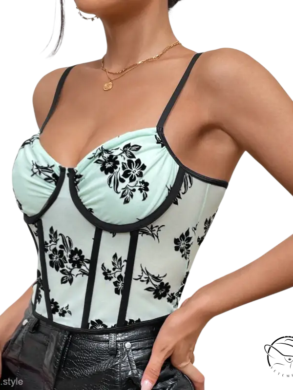 Light green floral boning corset with black roses embroidery and straps