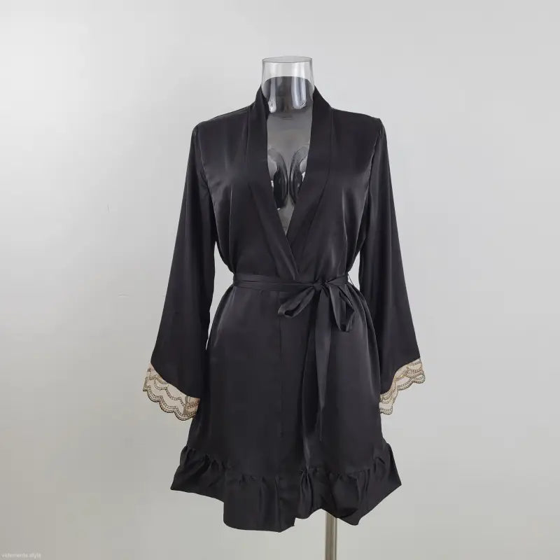 Black satin robe with lace trim from the Black Satin Midi Dress for summer sexy night wear