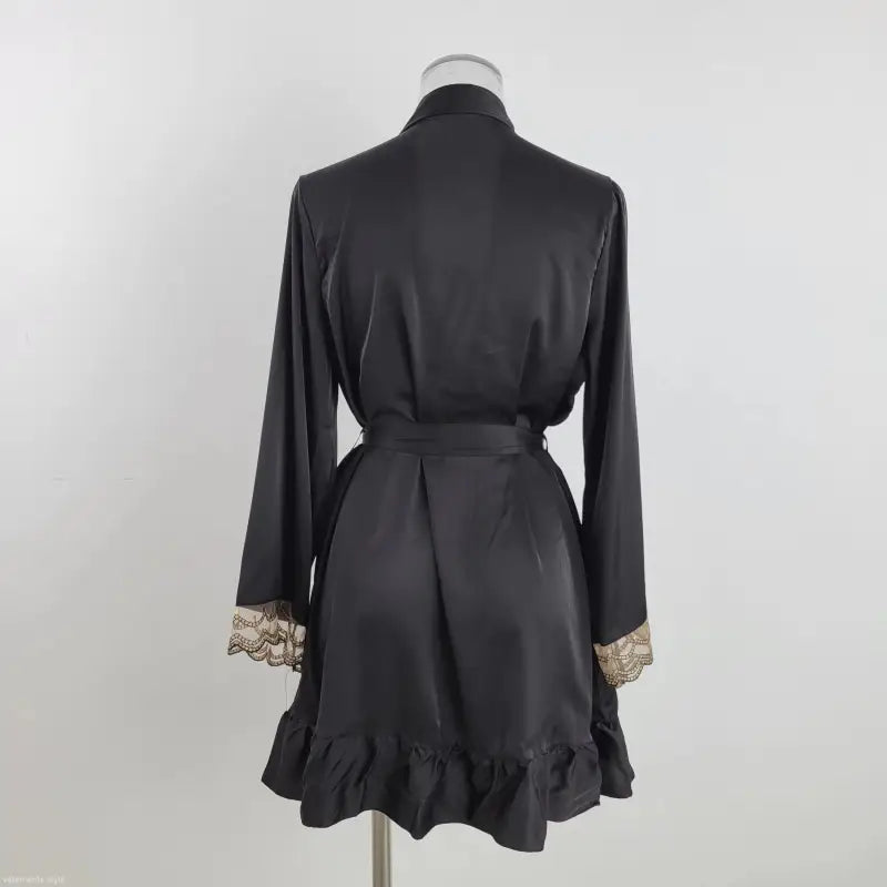 Black Satin Midi Dress with Belted Sleeve, an elegant summer sexy night robe pajamas satin