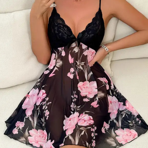 Floral babydoll lingerie dress with black lace top and pink flower print skirt.