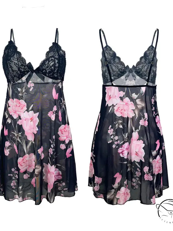 Black spinning flower babydoll nightgown with sexy lace stitching