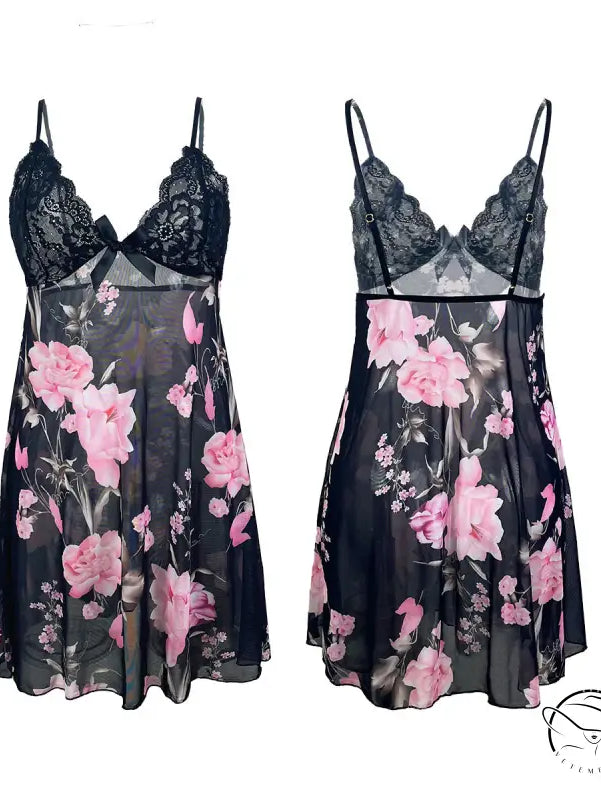 Black spinning flower babydoll nightgown with sexy lace stitching