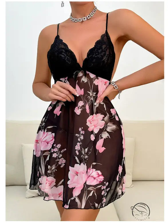 Sexy black spinning flower babydoll with lace stitching