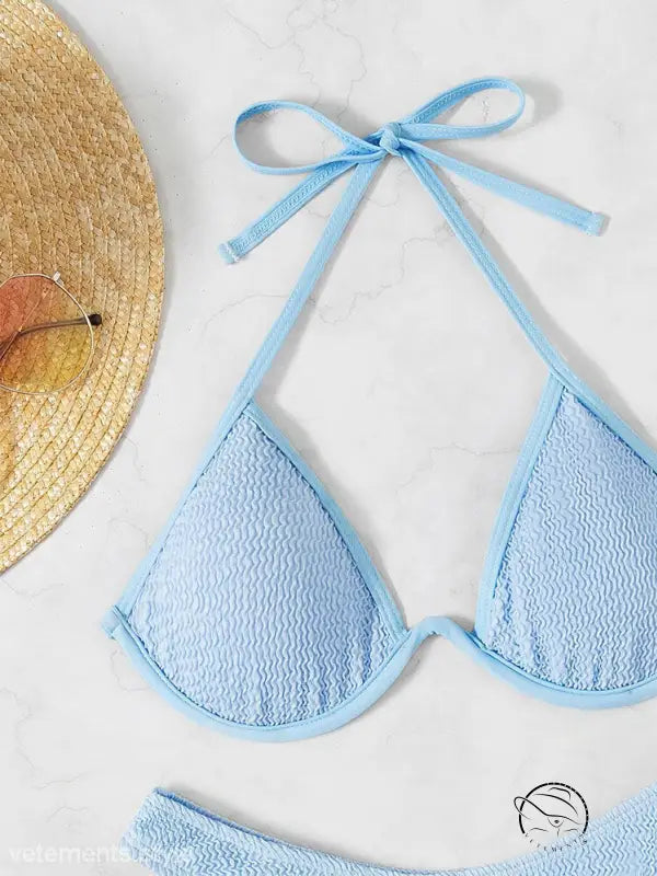 Blackish green multicolor steel bracket halter swimsuit top with light blue triangle design