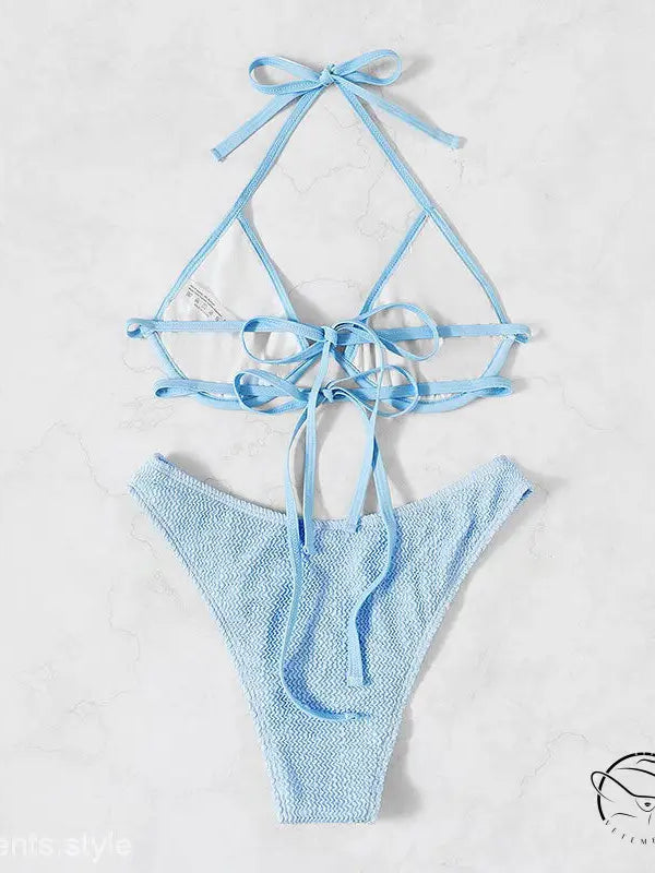 Blackish green steel bracket swimsuit with light blue bikini ties