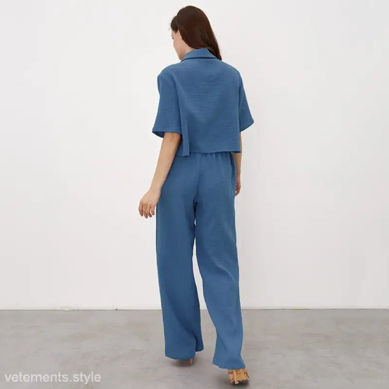 Blue Cotton Confinement Pajamas Set featuring a cropped top and wide-leg pants for comfort