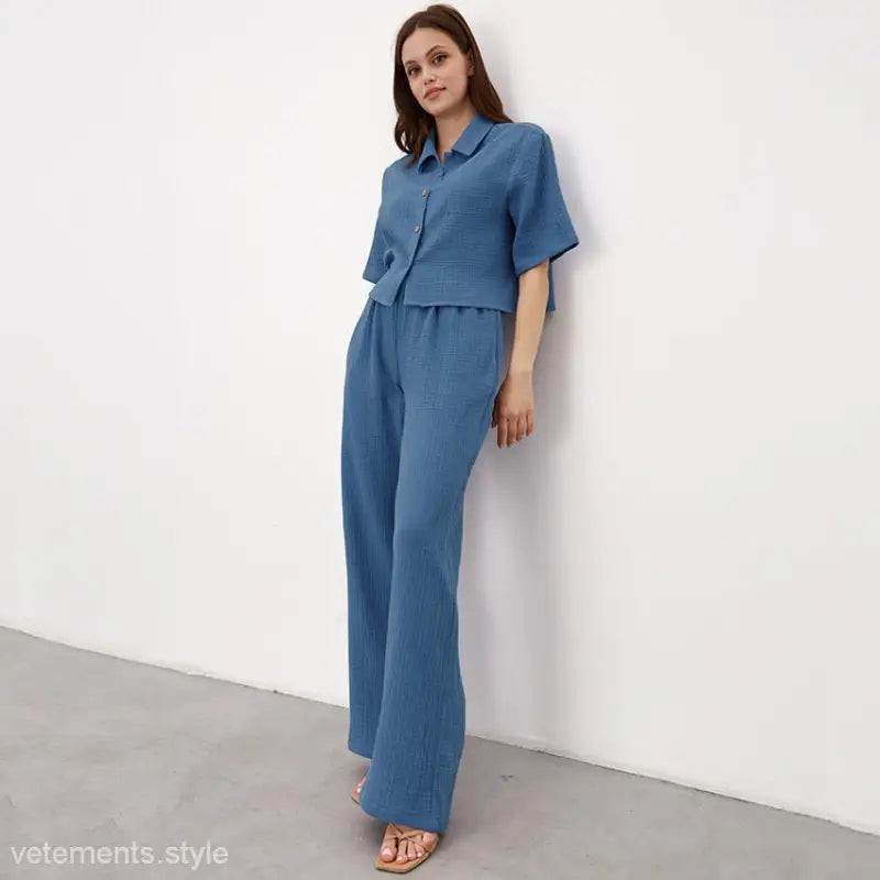 Blue Cotton Confinement Pajamas Set featuring a cropped shirt and wide-leg pants