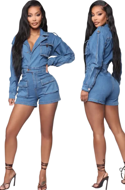 Two women model sexy blue cowboy siamese romper front and side views