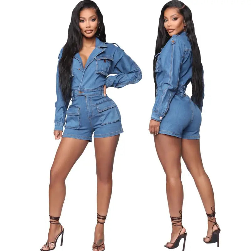 Blue Cowboy Siamese denim romper with long sleeves and shorts worn by two women