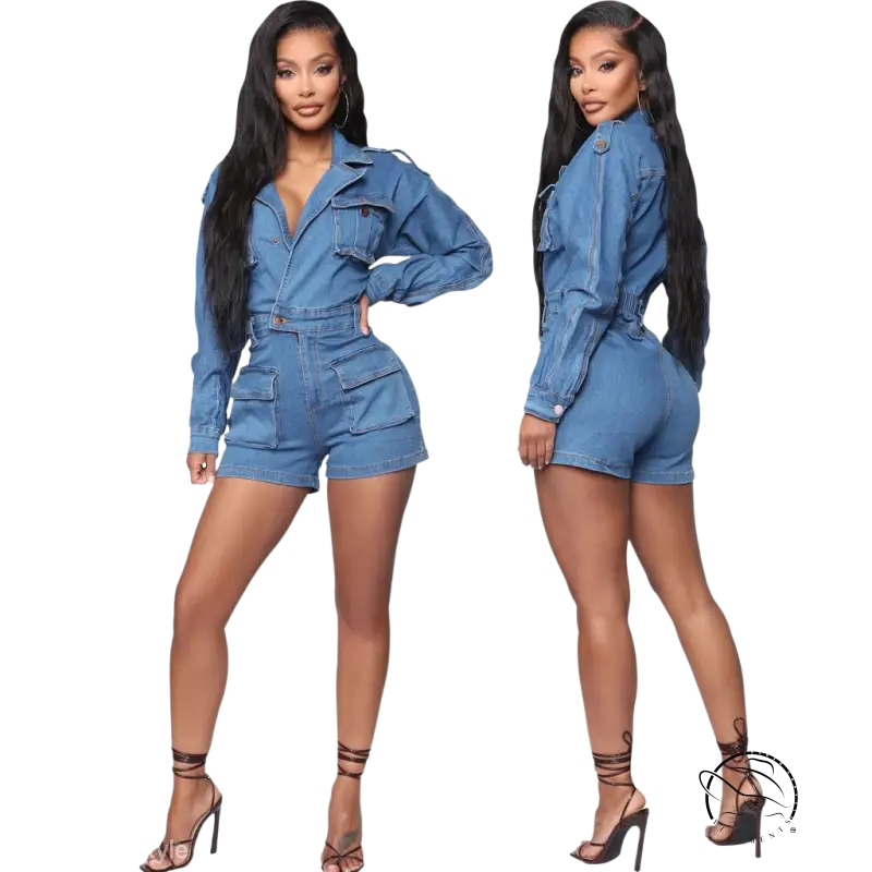 Two women model sexy blue cowboy siamese romper front and side views