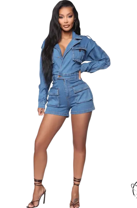 Woman in sexy blue cowboy siamese romper with belt and pockets