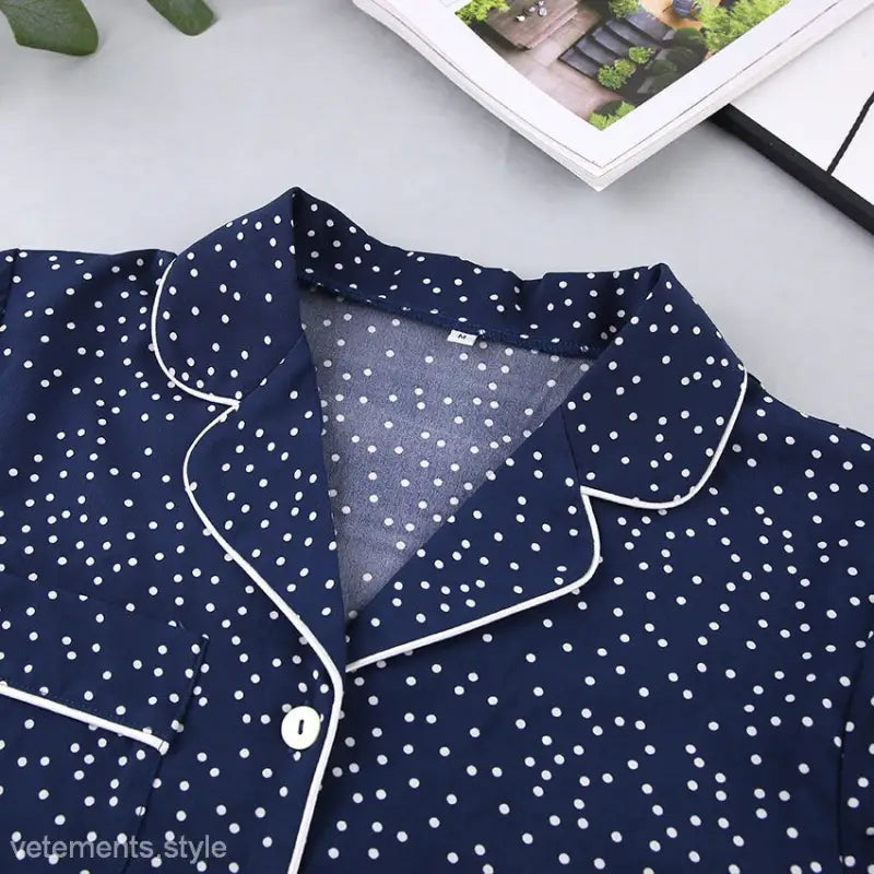 Navy polka dot pajama top from Blue Polka Dot Pajamas Set, made of cotton silk starry fabric