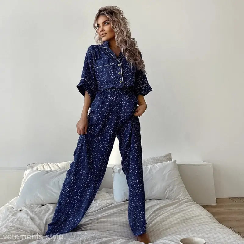 Blue polka dot pajamas set with short sleeve top and full pants in cotton silk fabric