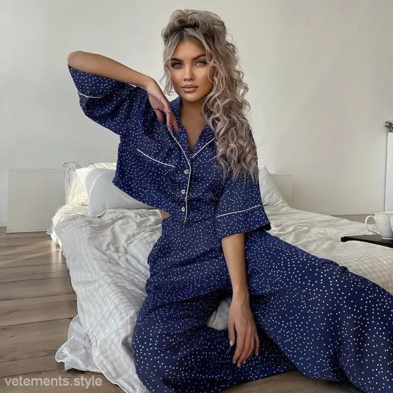 Blue polka dot pajamas set with short sleeve top and full pants in cotton silk starry fabric