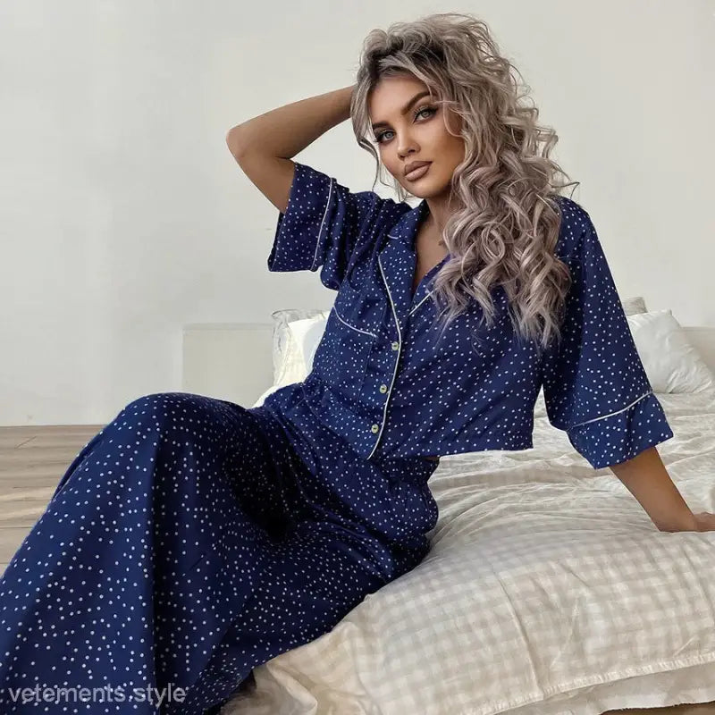 Blue polka dot pajamas set with short sleeve top and full pants in cotton silk starry fabric