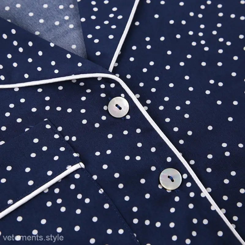 Blue polka dot pajamas set with short sleeve top and full pants in cotton silk starry fabric