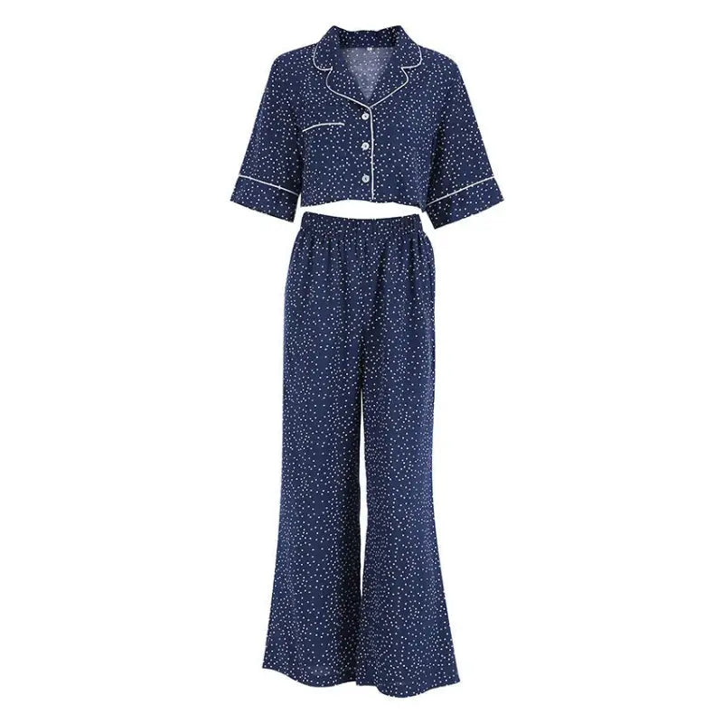 Blue polka dot pajamas set with short sleeve top and full pants, crafted from cotton silk starry fabric