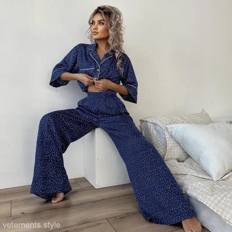 Blue polka dot pajamas set with shortsleeve top and full pants made of cotton silk starry fabric
