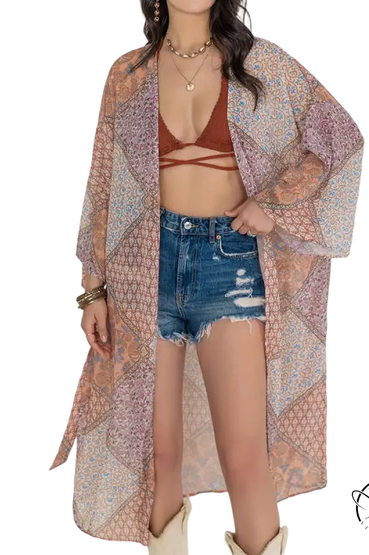 Bohemian kimono blouse in sheer floral patchwork of pinks and blues