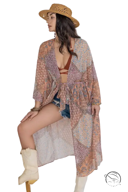 Bohemian kimono blouse in peach purple floral patchwork for summer