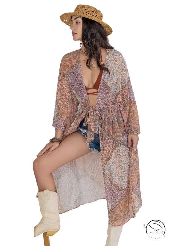 Bohemian kimono blouse in peach purple floral patchwork for summer