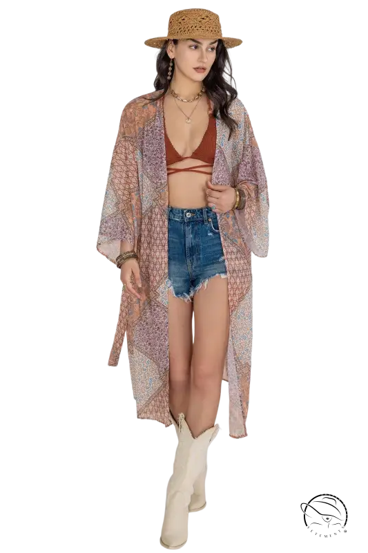 Bohemian kimono blouse with sheer long sleeves in mauve beige geometric pattern