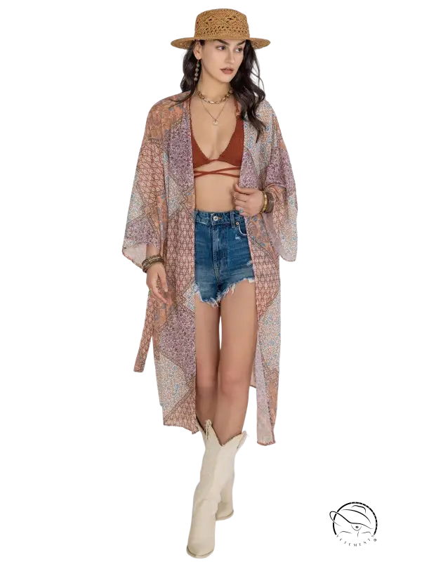 Bohemian kimono blouse with sheer long sleeves in mauve beige geometric pattern