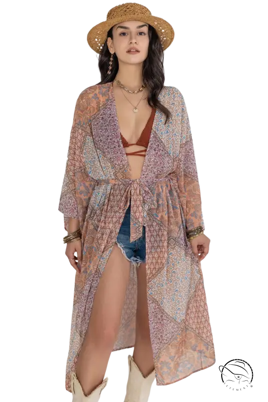 Bohemian kimono blouse in peach-purple sheer patchwork with tied waist