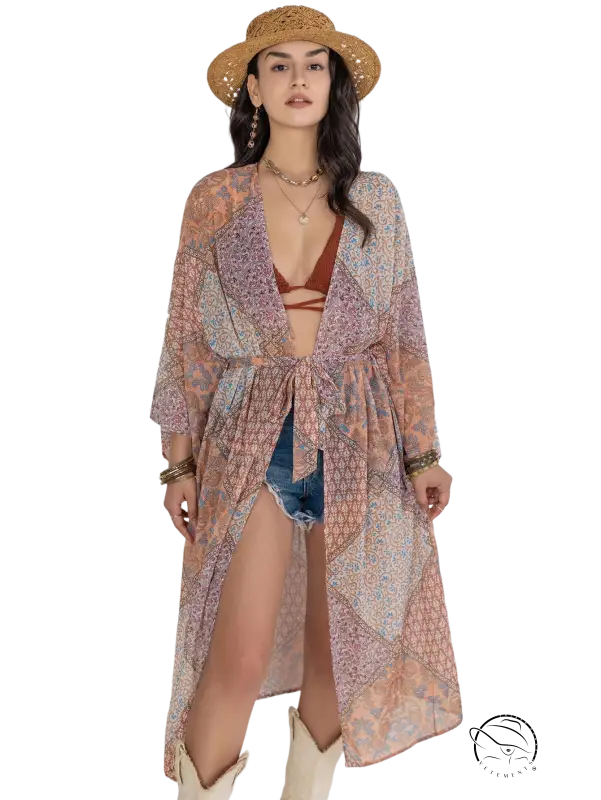 Bohemian kimono blouse in peach-purple sheer patchwork with tied waist