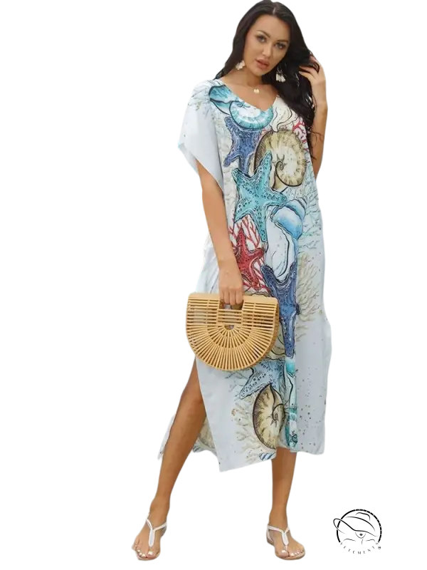 Light blue bohemian dress print with sea-themed starfish and shells beach cover