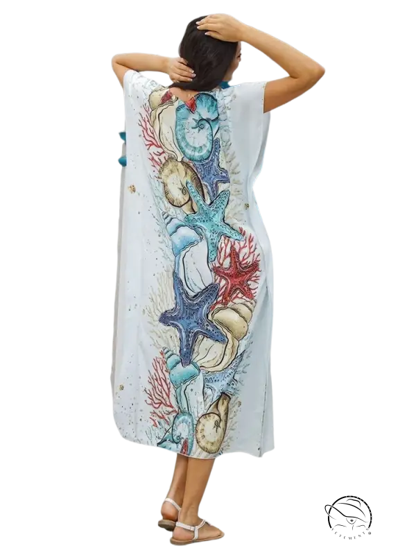 Bohemian print beach cover with marine embroidery on white maxi dress