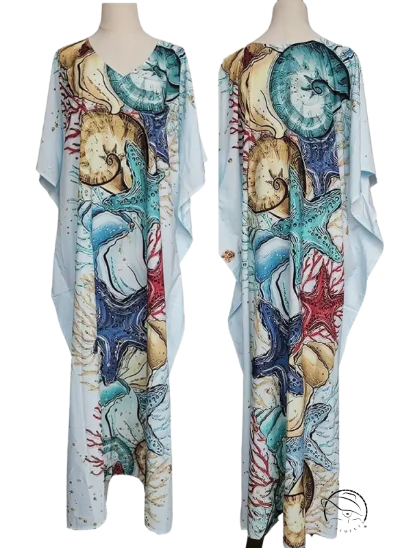 Light blue bohemian dress print with underwater seashells, starfish, coral