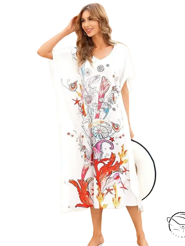 Bohemian print beach cover-up dress with vibrant ocean illustrations