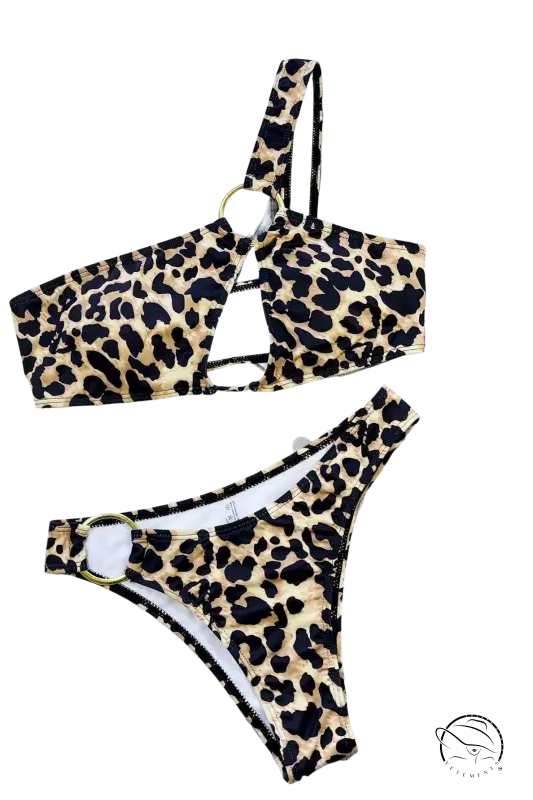 Boho animal print bikini with gold ring details and cutout strap
